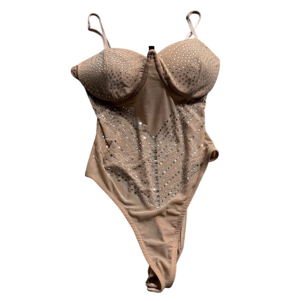 Kaylee Women's Tan Sheer Mesh Rhinestone  Bodysuit Size S Going Out Party Glam‎